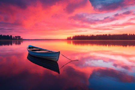 Tranquil Lake Boat at Twilight. Generative AIの素材