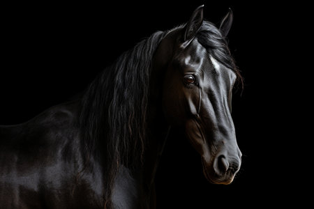 Majestic Black Horse on Dark Background. Generative AIの素材