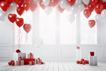 White Room with Balloons and Hearts. Generative AIの素材