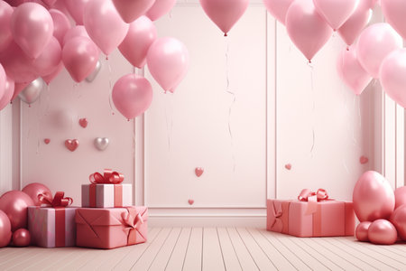 Pink Room with Balloons and Hearts. Generative AIの素材
