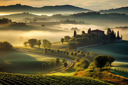 Golden Tuscany Hills in Morning Fog. Generative AIの素材