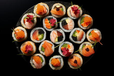 Assorted Sushi Rolls on Table. Generative AIの素材