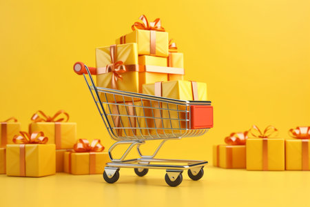 Shopping Cart with Gift Boxes on Yellow Background. Generative AIの素材