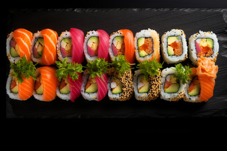 Assorted Sushi Rolls on Table. Generative AIの素材