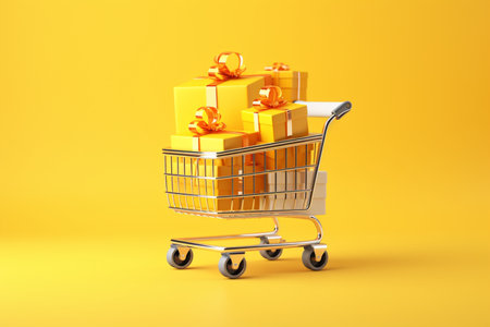 Shopping Cart with Gift Boxes on Yellow Background. Generative AIの素材
