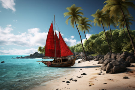 Deserted Beach Sailing. Generative AIの素材