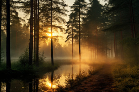 Enchanting Forest Sunrise on a Foggy Morning. Generative AIの素材