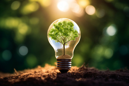 Tree Growing on Light Bulb with Sunshine. Generative AIの素材