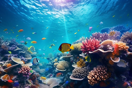 Vibrant Underwater Coral Reef Panorama. Generative AIの素材