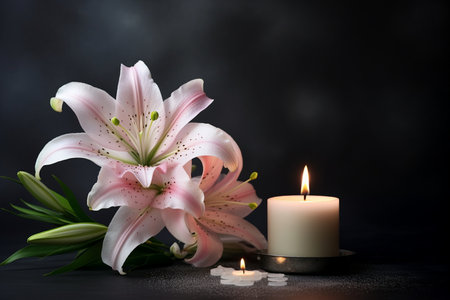 Elegant Lily and Illuminated Candle on Dark Background. Generative AIの素材