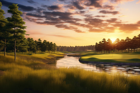 Tranquil Golf Course Sunset Landscape. Generative AIの素材