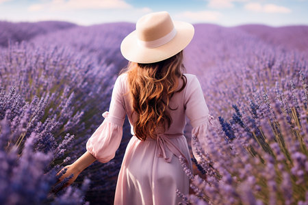 Lavender Girl Strolling in Garden. Generative AIの素材