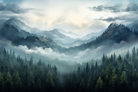 Majestic Mountain Landscape in Fog. Generative AIの素材
