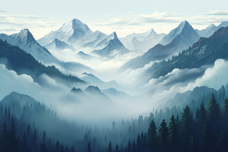 Majestic Mountain Landscape in Fog. Generative AIの素材