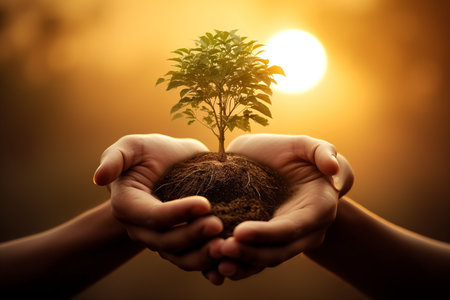 Ecology Concept: Tree in Hands. Generative AIの素材
