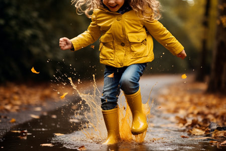 Jumping Young Girl in Yellow Boots. Generative AIの素材