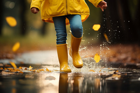 Jumping Young Girl in Yellow Boots. Generative AIの素材