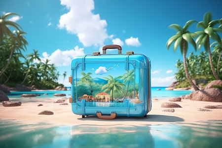 Beach Island Suitcase 3D. Generative AIの素材