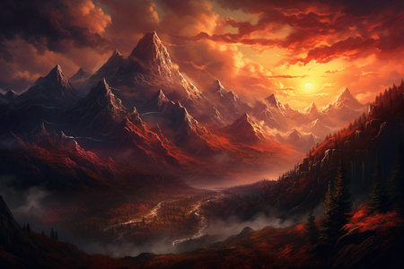 Majestic Mountain Sunset. Generative AIの素材