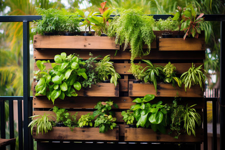 Vertical Garden: Recycled Pallets and Hanging Plants. Generative AIの素材
