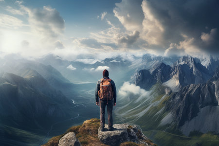 Mountain Hiker Summit View. Generative AIの素材
