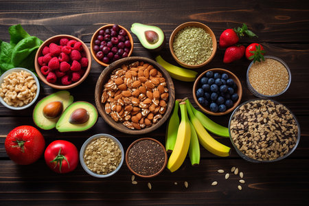 Healthy Vegetable Food Selection on Wooden Background. Generative AIの素材