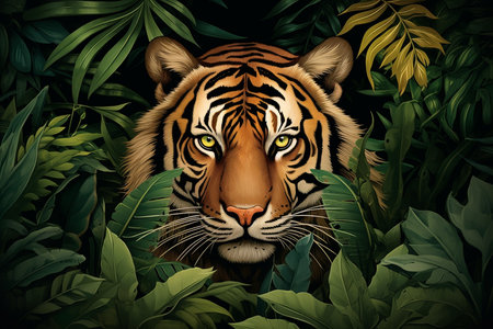 Tiger Amidst Verdant Leaves. Generative AIの素材