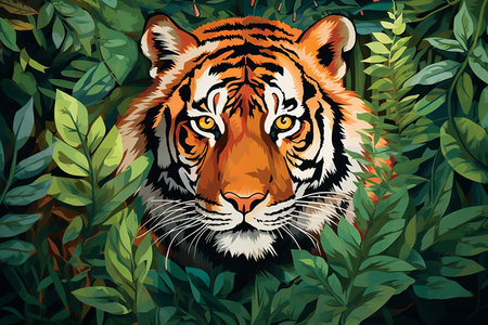 Tiger Amidst Verdant Leaves. Generative AIの素材