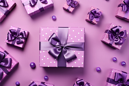 Lilac Gift Boxes with Ribbon Bows. Generative AIの素材