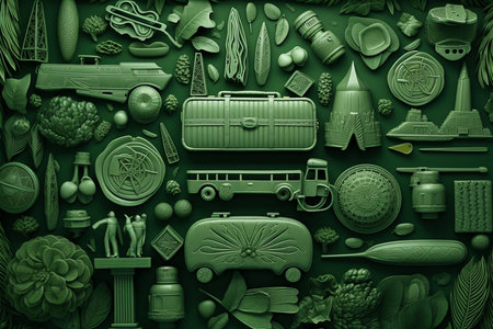 Green Monochrome Travel Elements. Generative AIの素材