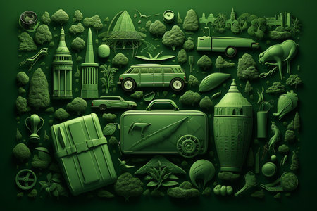 Green Monochrome Travel Elements. Generative AIの素材