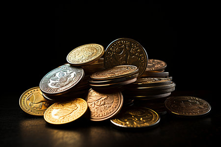 Assorted Coins on Black Background. Generative AIの素材