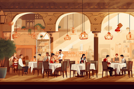 Vibrant Restaurant Scene with Diners. Generative AIの素材