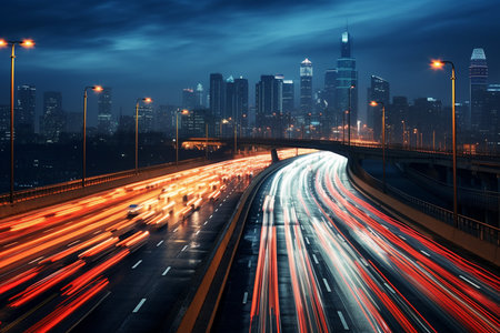 Nighttime Highway Traffic. Generative AIの素材