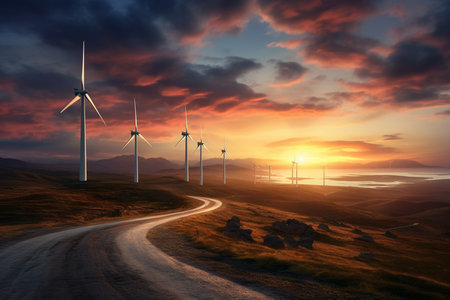 Sunset Wind Turbines. Generative AIの素材