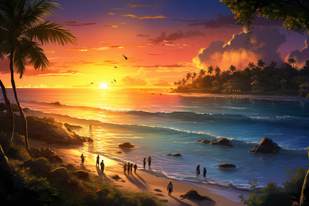 Serene Sunset Beach Gathering. Generative AIの素材