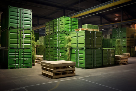 Organized Warehouse Setup with Pallets and Green Storage Boxes. Generative AIの素材