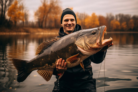 Ecstatic Fisherman with His Impressive Catch. Generative AIの素材