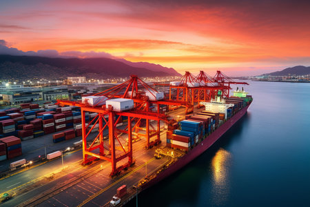 Busy Port Scene with Container Ship. Generative AIの素材