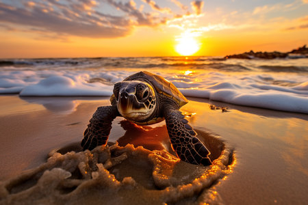 Baby Sea Turtle Beach Crawl Ocean. Generative AIの素材