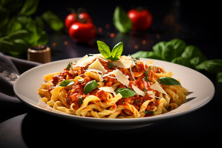Delicious Italian Pasta with Tomato Sauce, Basil, and Cheese. Generative AIの素材