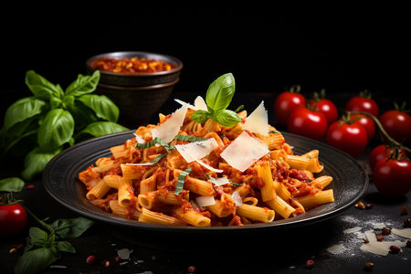 Delicious Italian Pasta with Tomato Sauce, Basil, and Cheese. Generative AIの素材