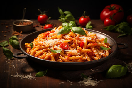 Delicious Italian Pasta with Tomato Sauce, Basil, and Cheese. Generative AIの素材
