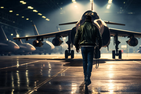 Pilot Walking Along Runway Towards Fighter Jet. Generative AIの素材