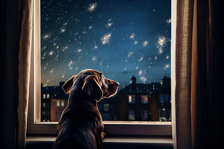 Dog Watching Fireworks from Window. Generative AIの素材