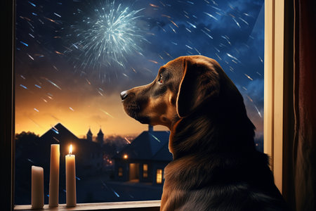 Dog Watching Fireworks from Window. Generative AIの素材