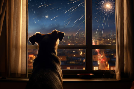 Dog Watching Fireworks from Window. Generative AIの素材
