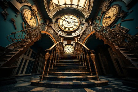 Enigmatic Clock Staircase. Generative AIの素材