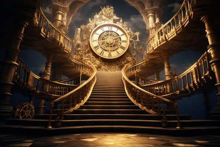 Enigmatic Clock Staircase. Generative AIの素材