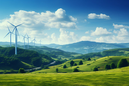 Wind Turbines Amid Rolling Hills. Generative AIの素材